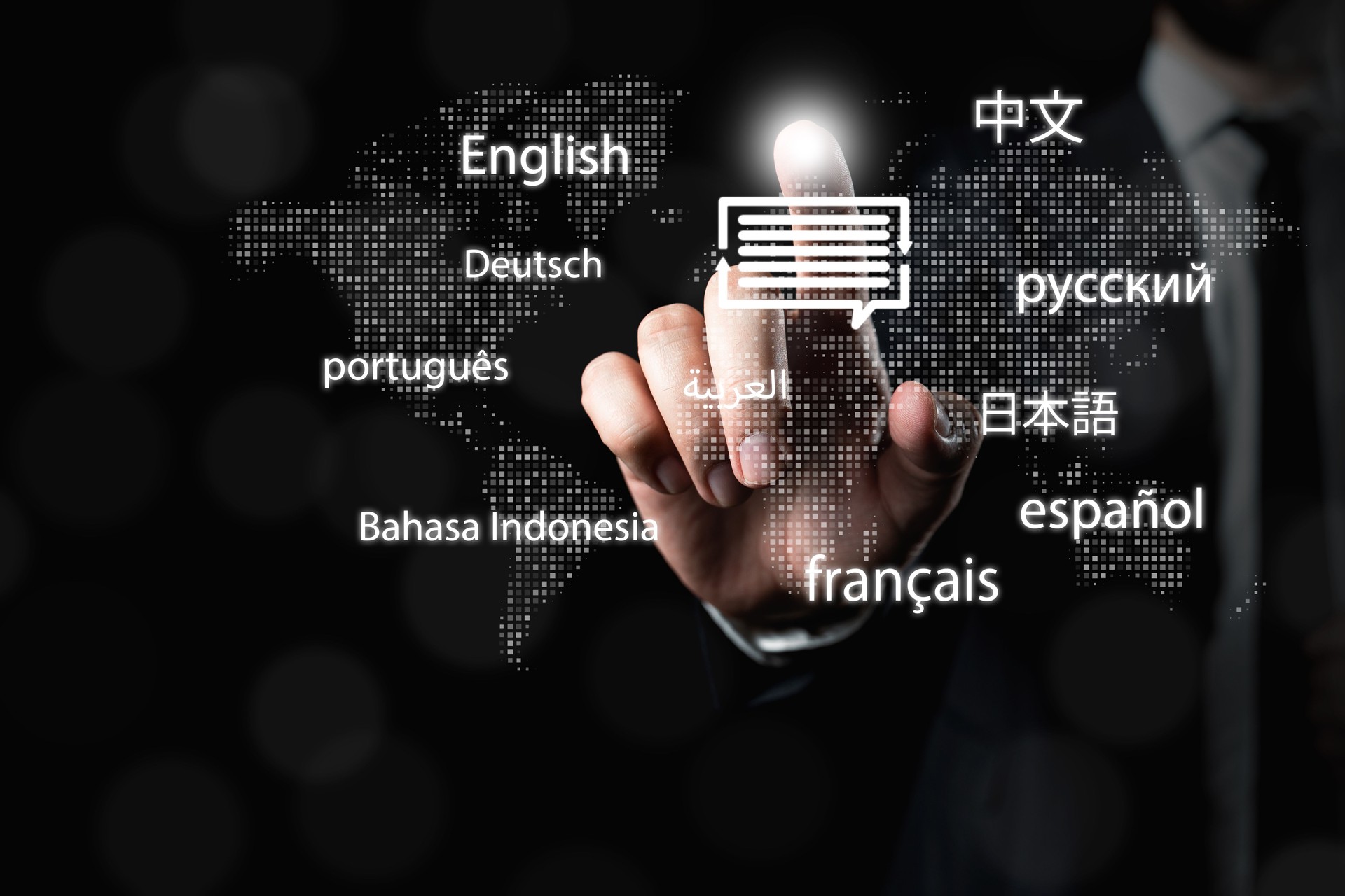 Multilingual Communication Concept with Hand Touching Digital Interface on World Map Background